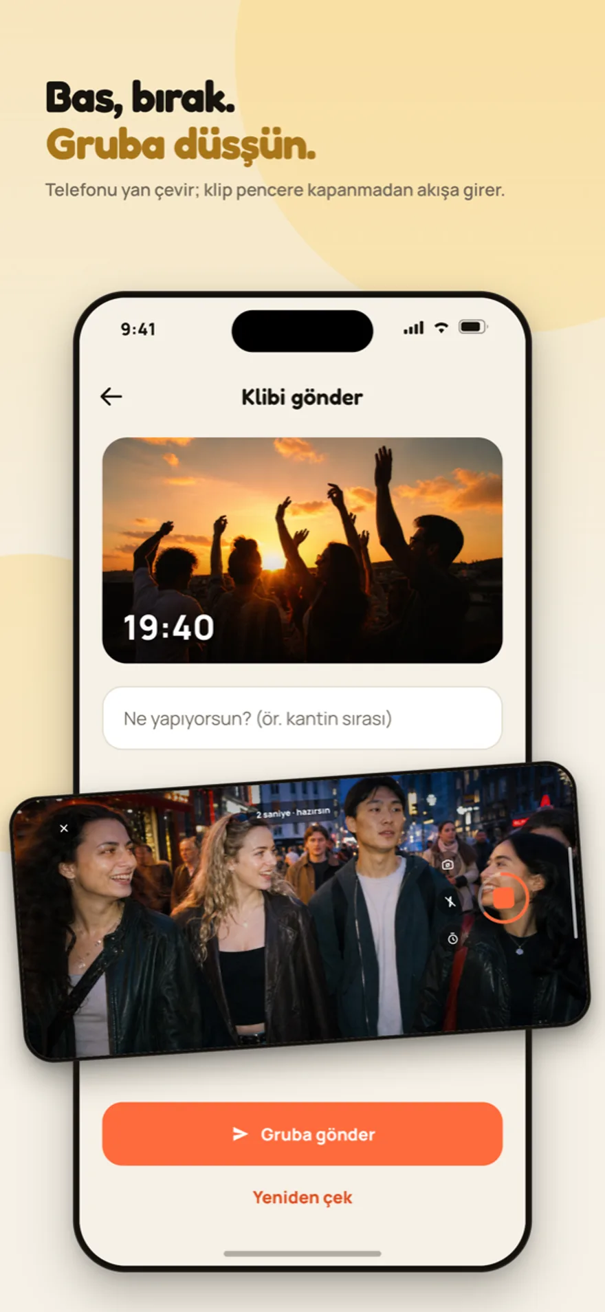 Send screen with the recorded clip, a caption field and a send button