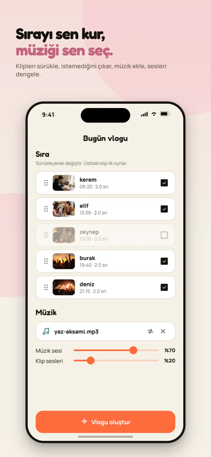 Vlog editor with clip order, music selection and audio balance