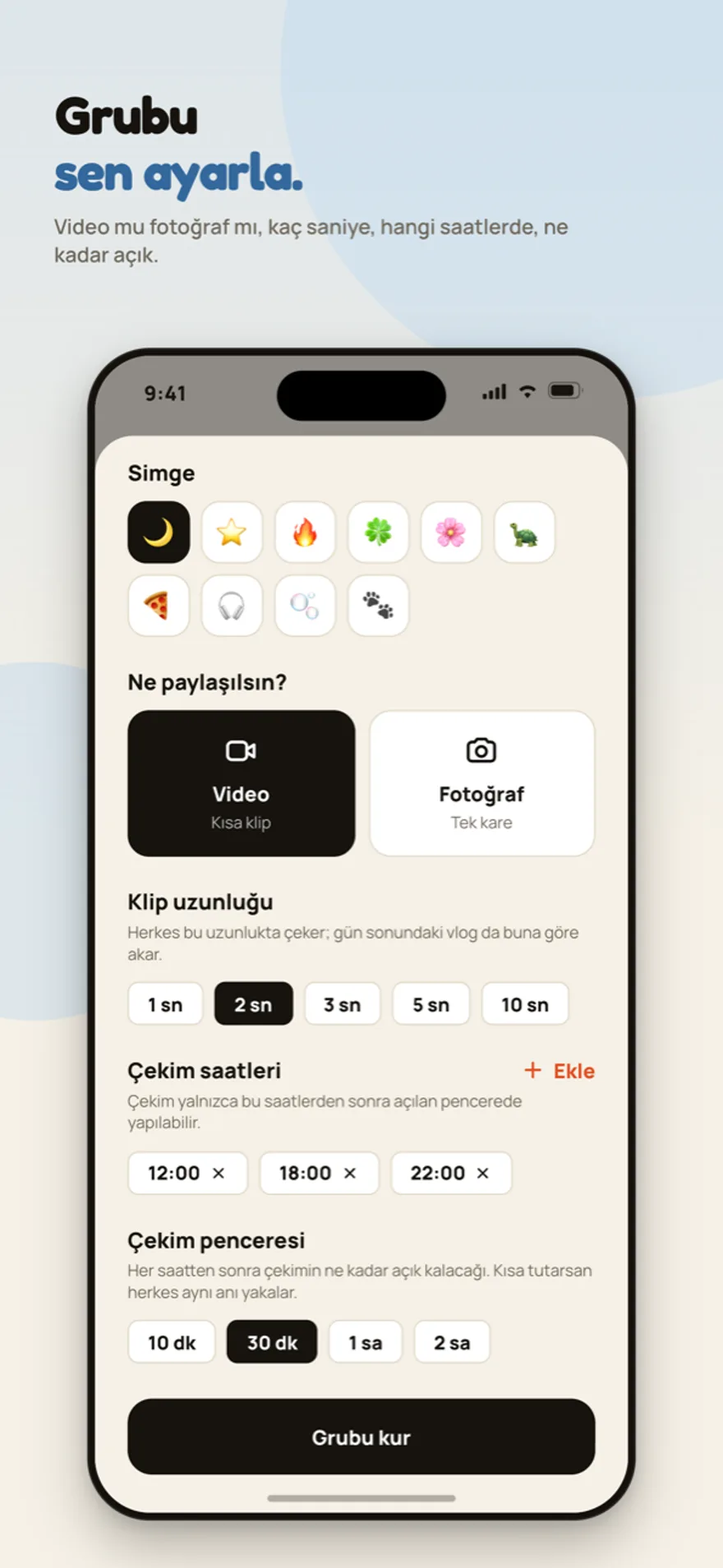 Group settings: media type, clip length, capture times and window length