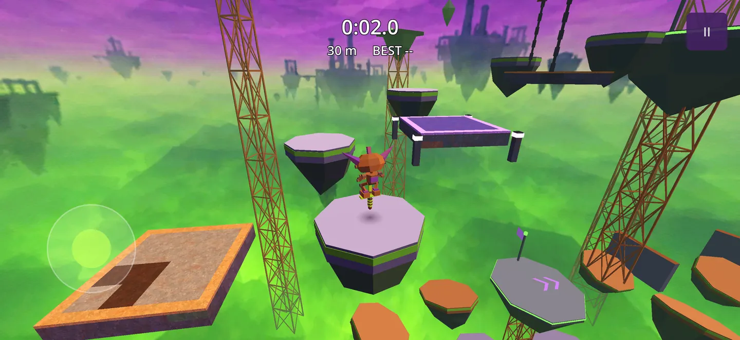Moving platforms, a chained swing and a trampoline in BOINGWARD, with the mascot bouncing on the middle platform
