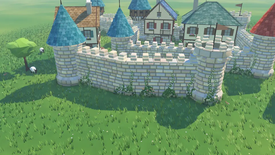 Arched and battlemented stone walls with three tower roof styles