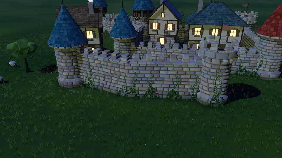 Arched and battlemented stone walls with three tower roof styles