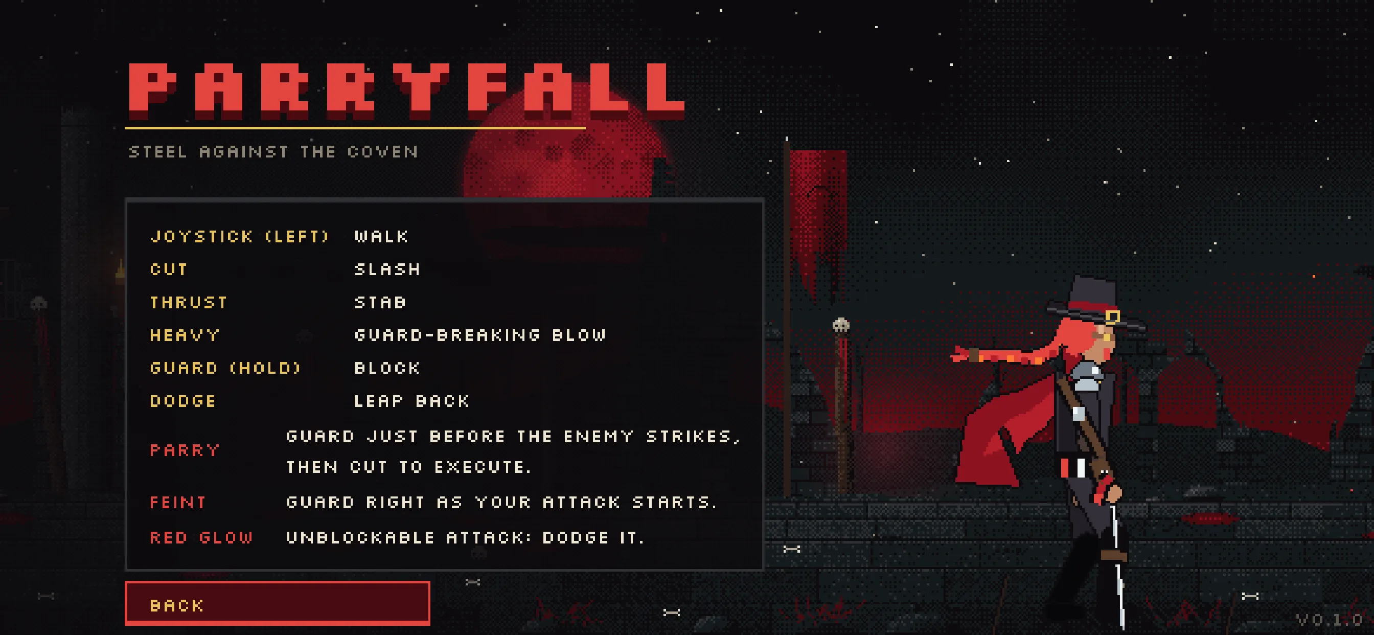 Parryfall How to Fight screen listing the controls