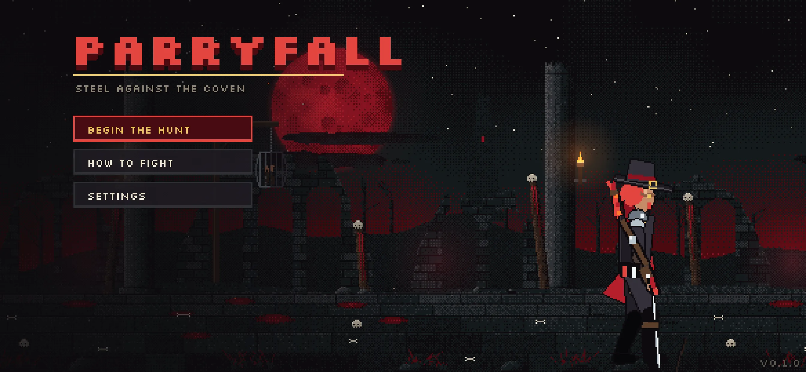 Parryfall main menu with the blood moon and the hunter
