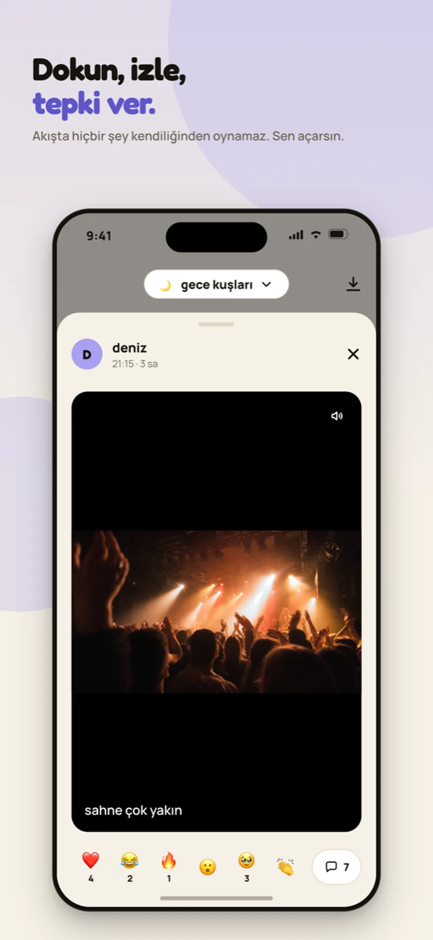 Clip-Ansicht mit laufendem Video, Emoji-Reaktionen und Kommentaren