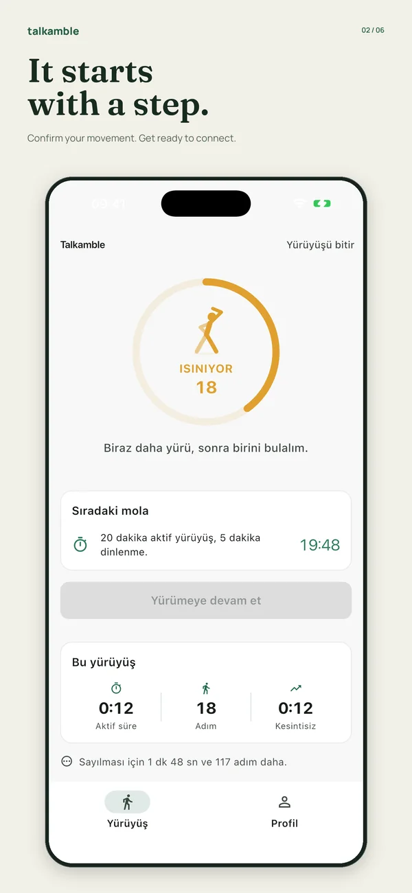 Talkamble screen explaining walking verification with motion and step data