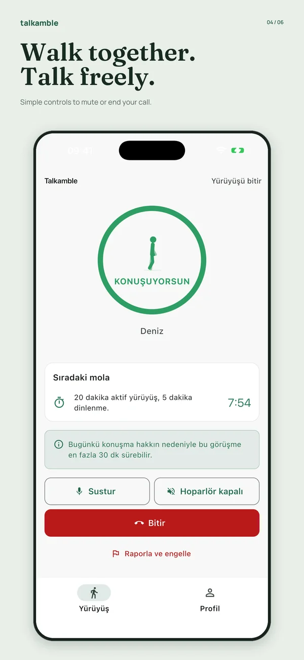 Talkamble screen showing that a voice conversation continues with the phone in a pocket