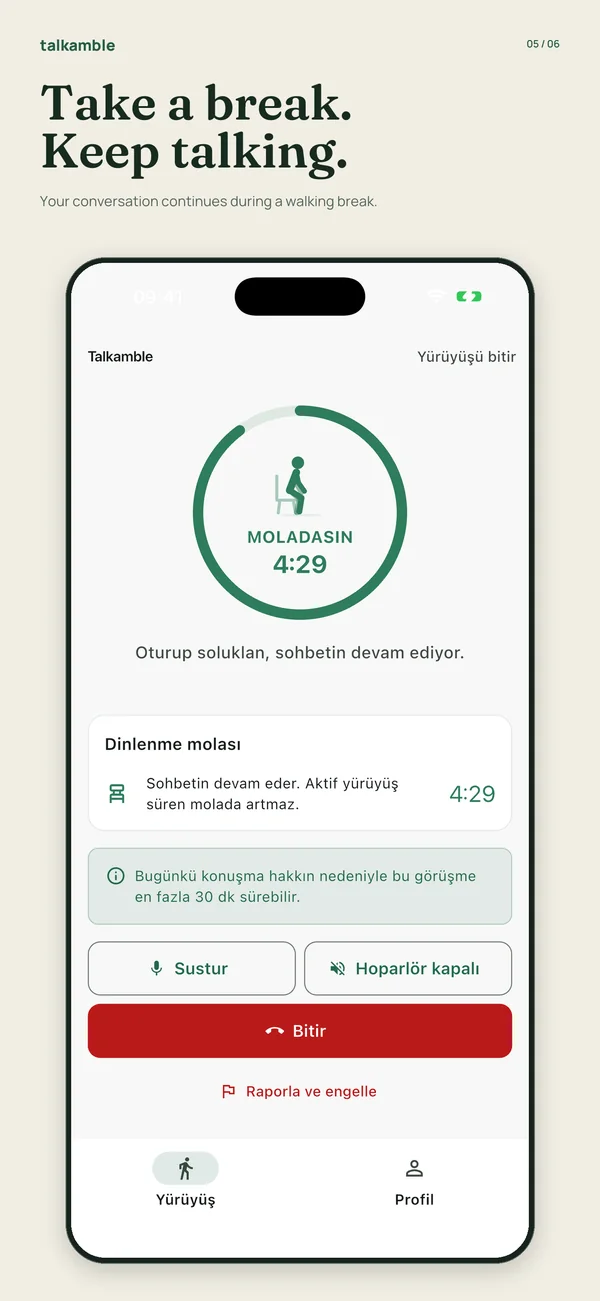 Talkamble screen explaining that a conversation pauses when either person stops walking