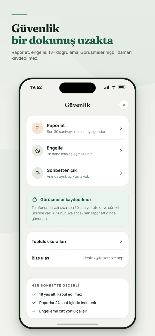 Talkamble-Bildschirm zum Melden und Blockieren